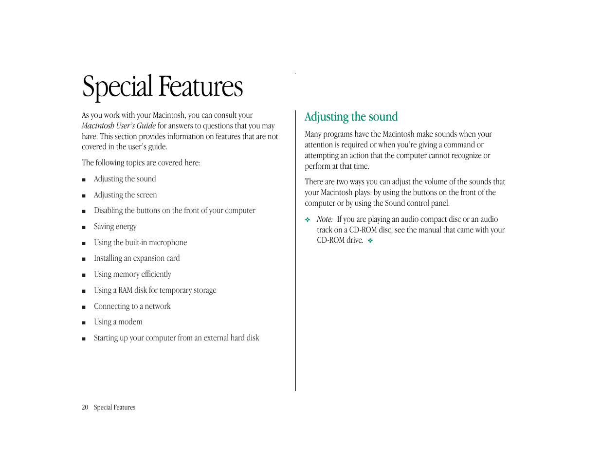 Special features, Adjusting the sound | Apple Macintosh LC 575 User Manual | Page 26 / 47