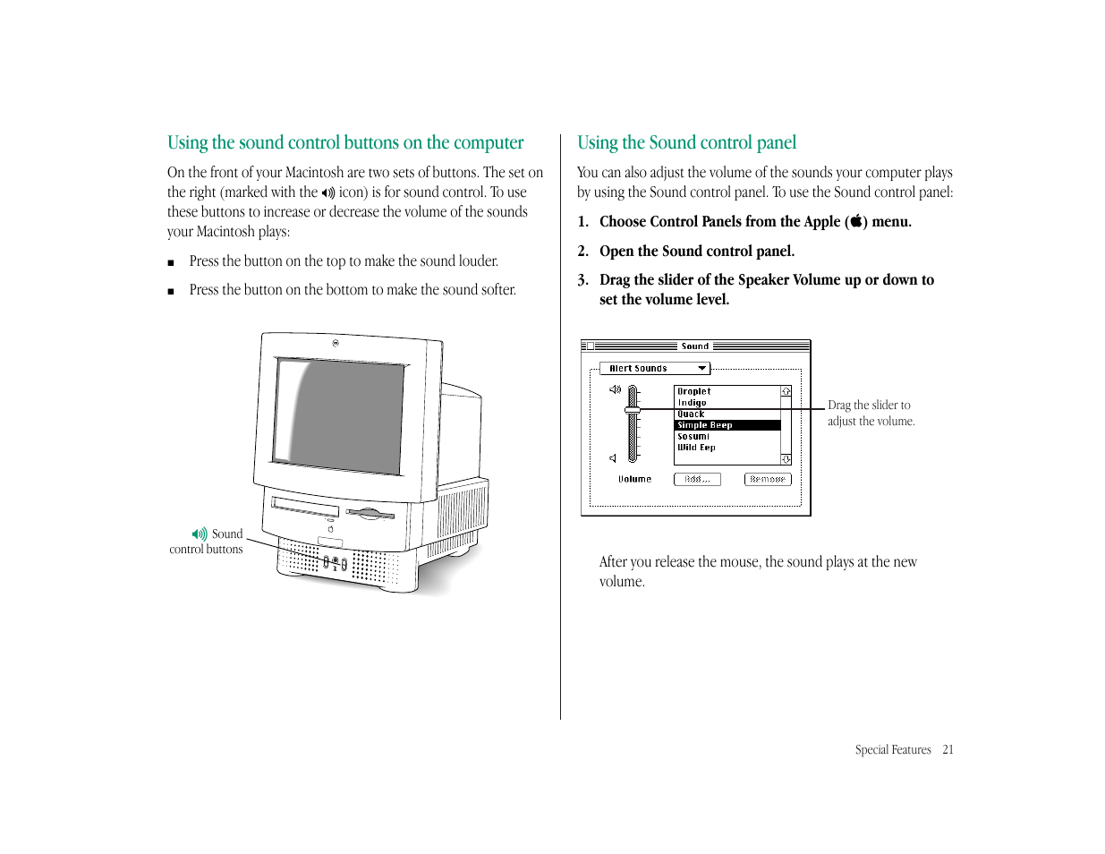 Using the sound control buttons on the computer, Using the sound control panel | Apple Macintosh LC 575 User Manual | Page 27 / 47