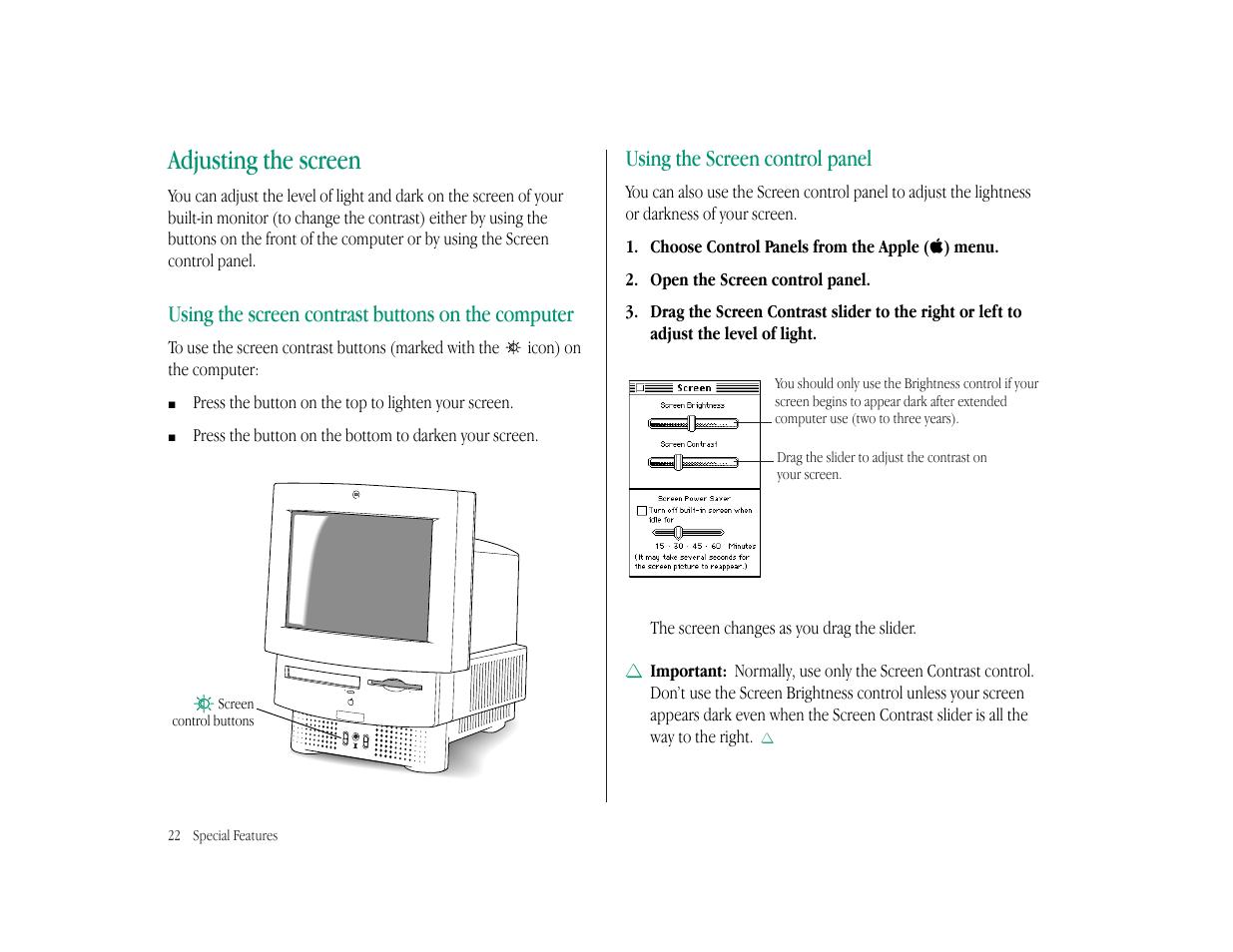 Adjusting the screen, Using the screen contrast buttons on the computer, Using the screen control panel | Apple Macintosh LC 575 User Manual | Page 28 / 47