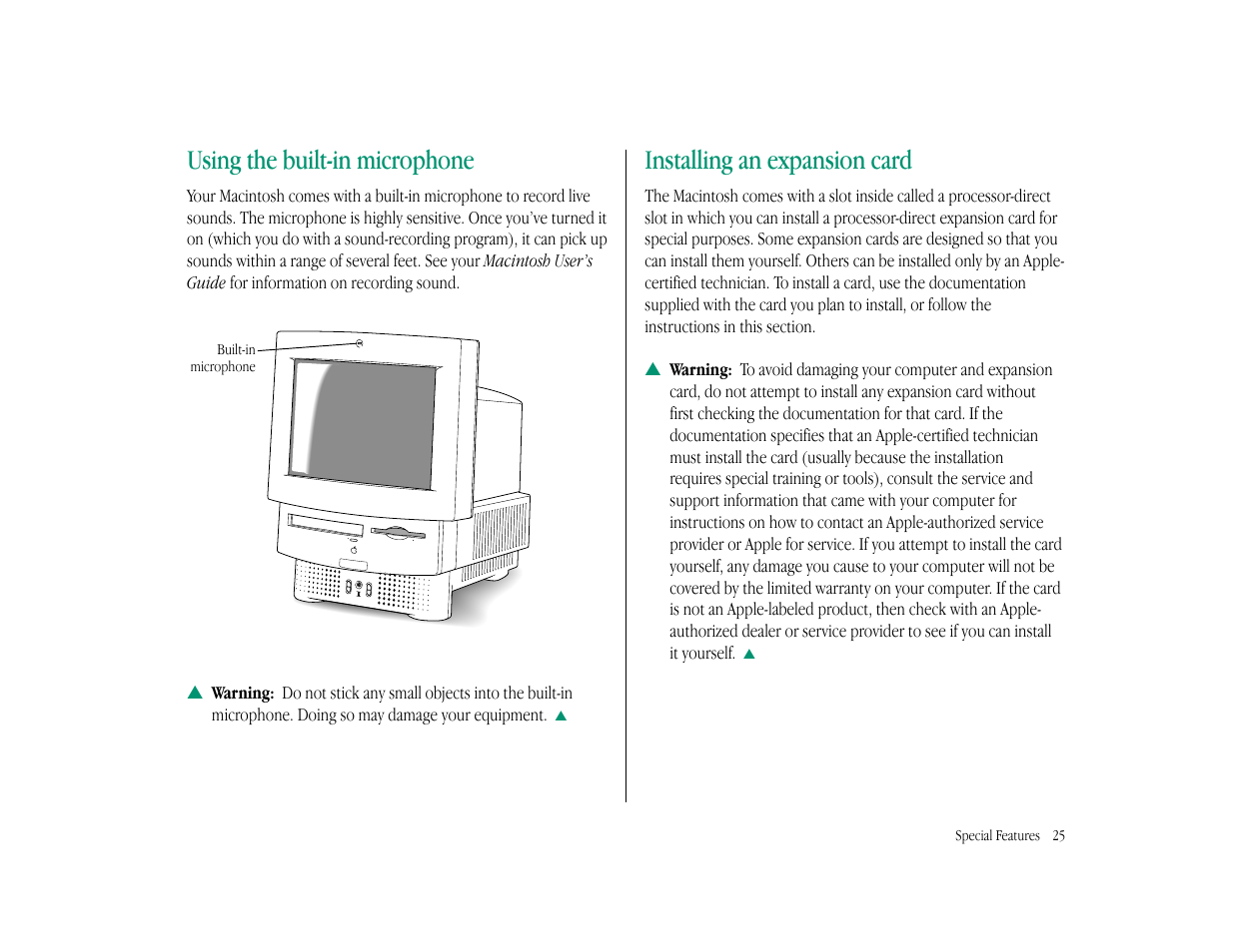 Using the built-in microphone, Installing an expansion card | Apple Macintosh LC 575 User Manual | Page 31 / 47