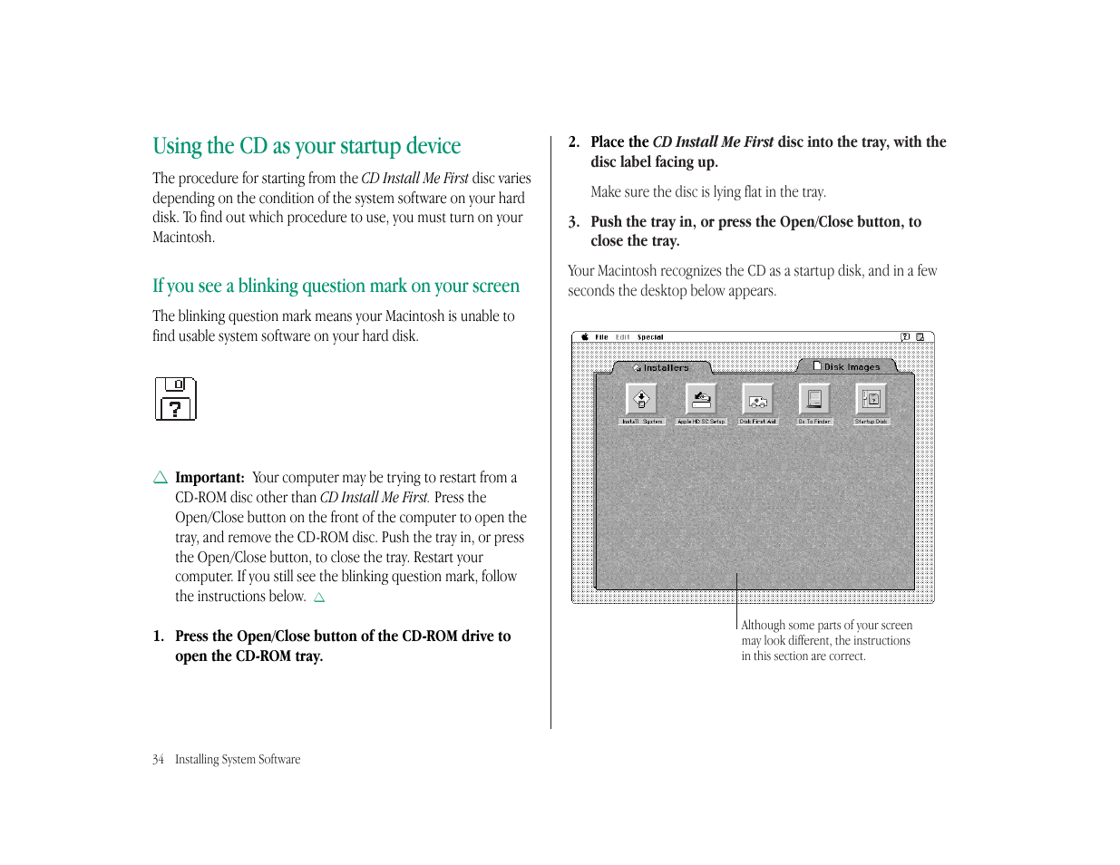 Using the cd as your startup device, If you see a blinking question mark on your screen | Apple Macintosh LC 575 User Manual | Page 40 / 47