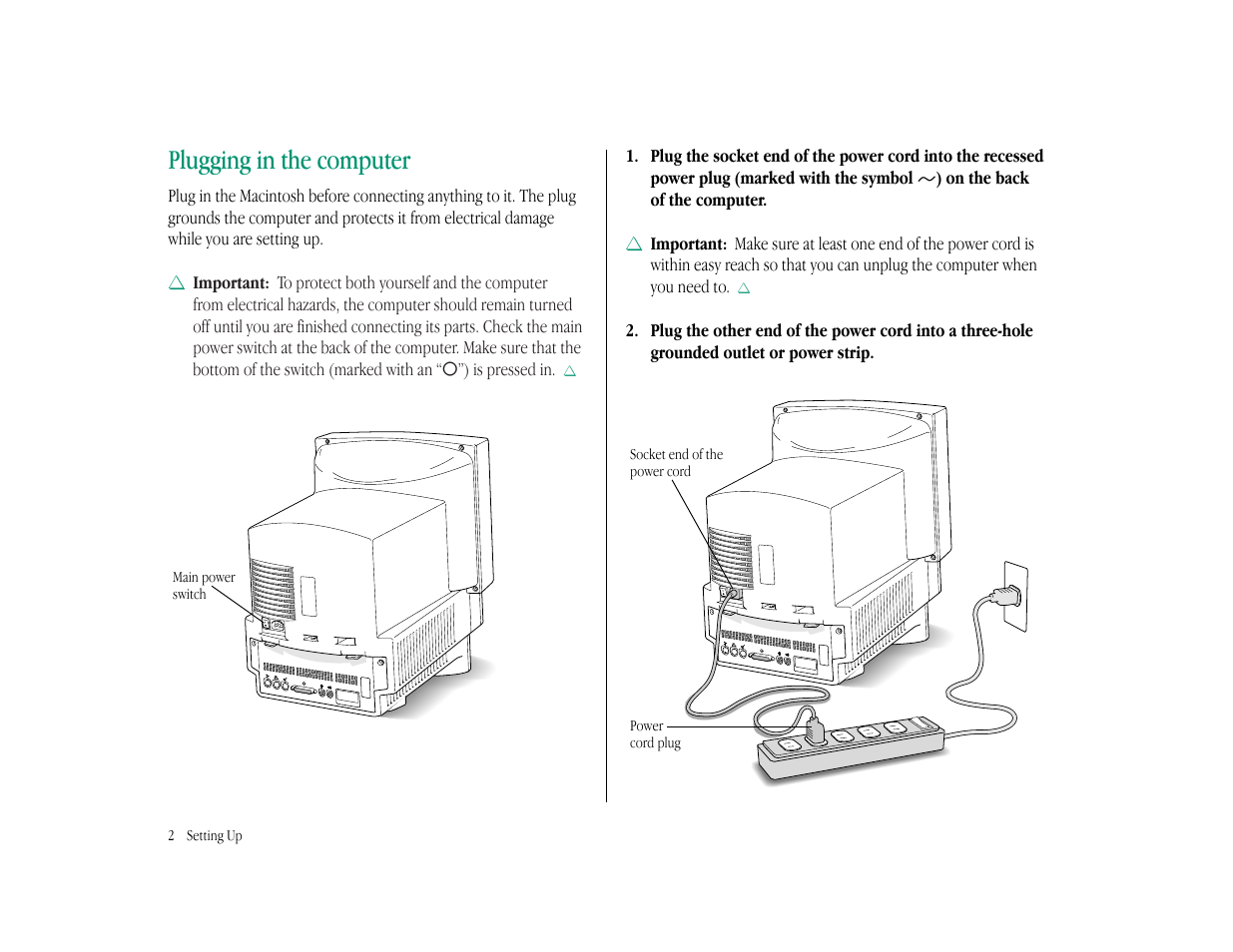 Plugging in the computer | Apple Macintosh LC 575 User Manual | Page 8 / 47