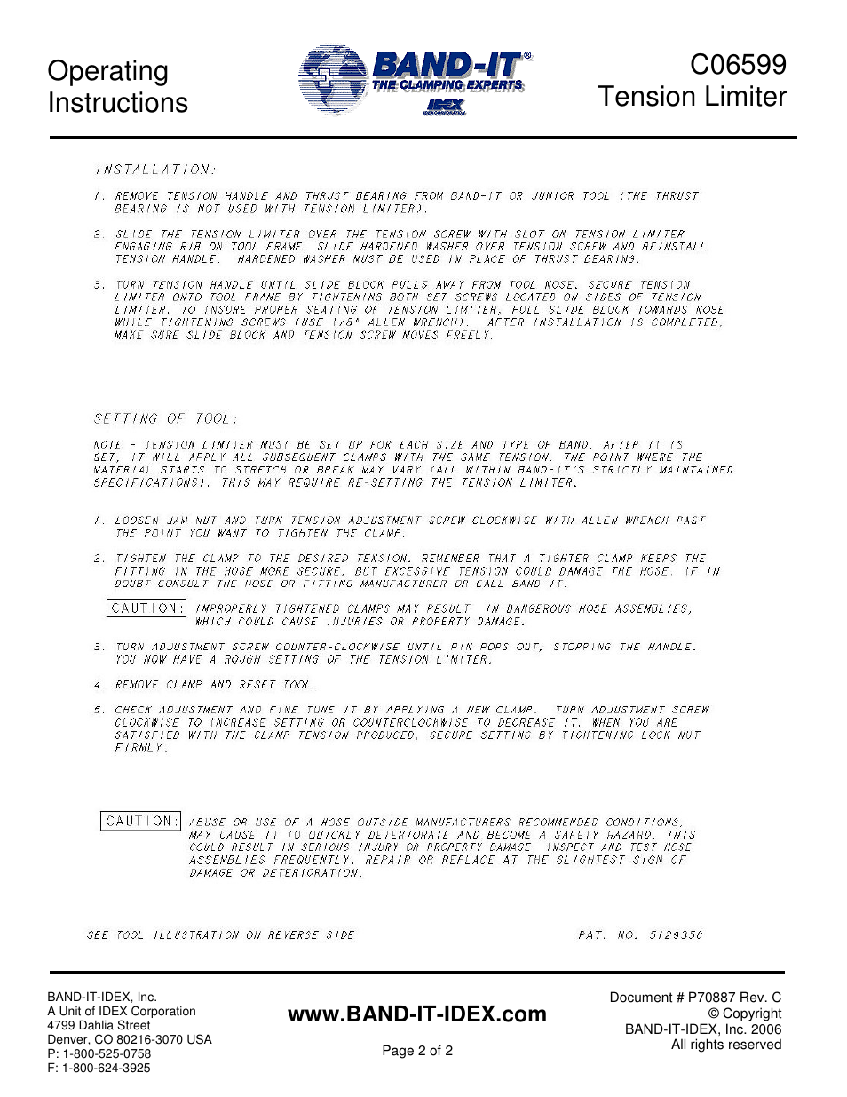 Operating instructions | BAND-IT C06599 Tension Limiter User Manual | Page 2 / 2