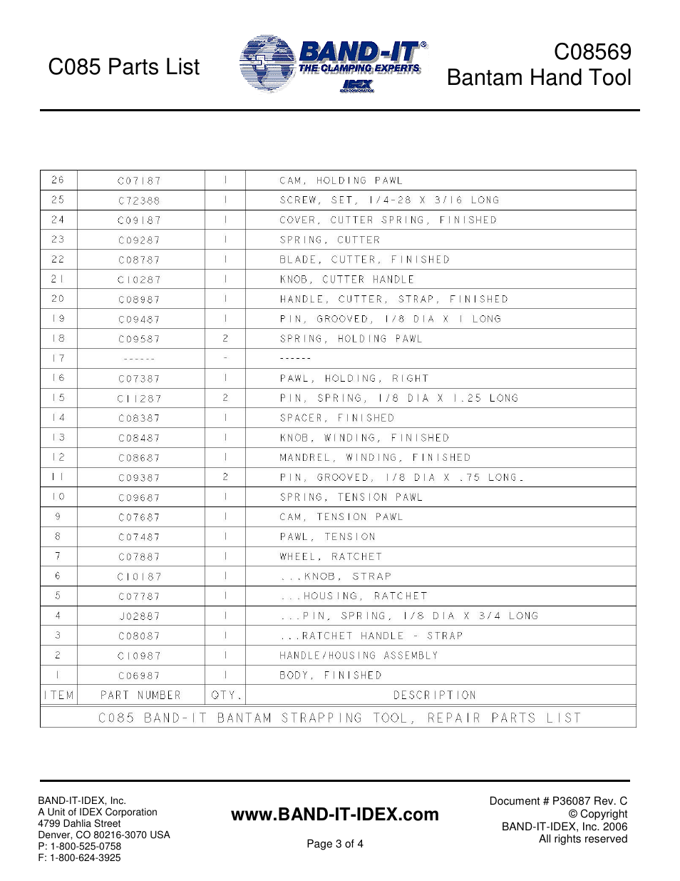 C085 parts list | BAND-IT C08569 Bantam Strapping Hand Tool User Manual | Page 3 / 4