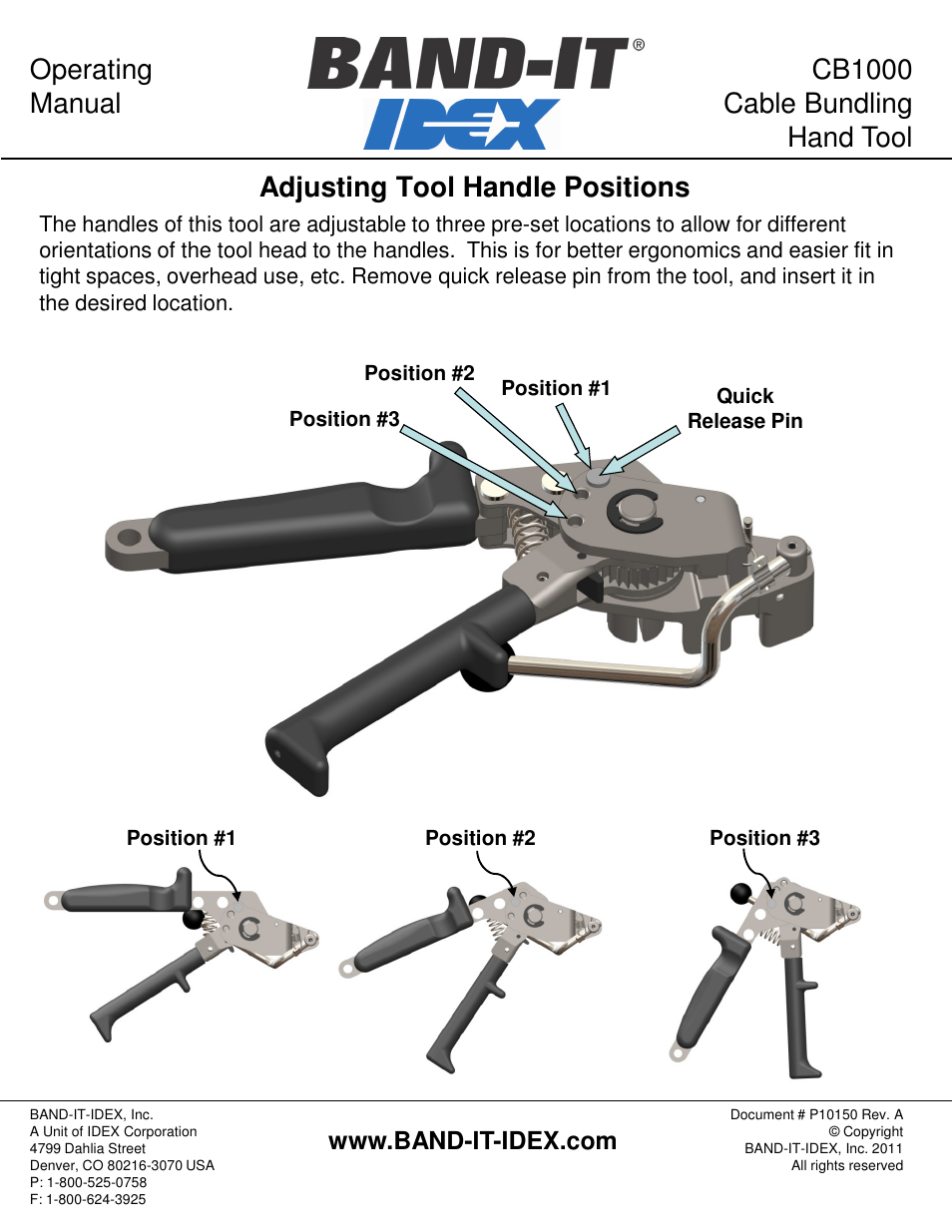 Operating manual cb1000 cable bundling hand tool, Adjusting tool handle positions | BAND-IT CB1000 Hand Tool User Manual | Page 2 / 4