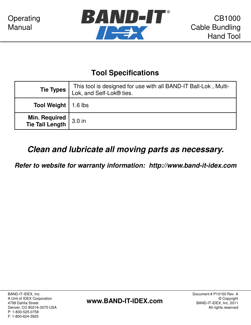 Clean and lubricate all moving parts as necessary | BAND-IT CB1000 Hand Tool User Manual | Page 3 / 4