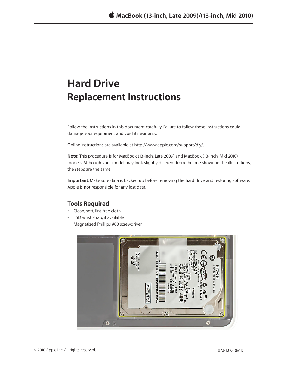 Apple MacBook 13-inch, Late 2009/Mid 2010 (Hard Drive Replacement) User Manual | 10 pages