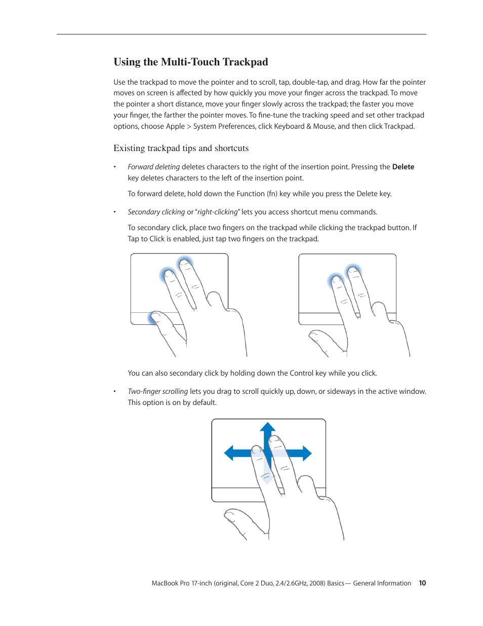 Using the multi-touch trackpad | Apple MacBook Pro 17-inch (original, Core 2 Duo, 2.4GHz, Late 2007 CTO, Early 2008, and Late 2008) User Manual | Page 10 / 204