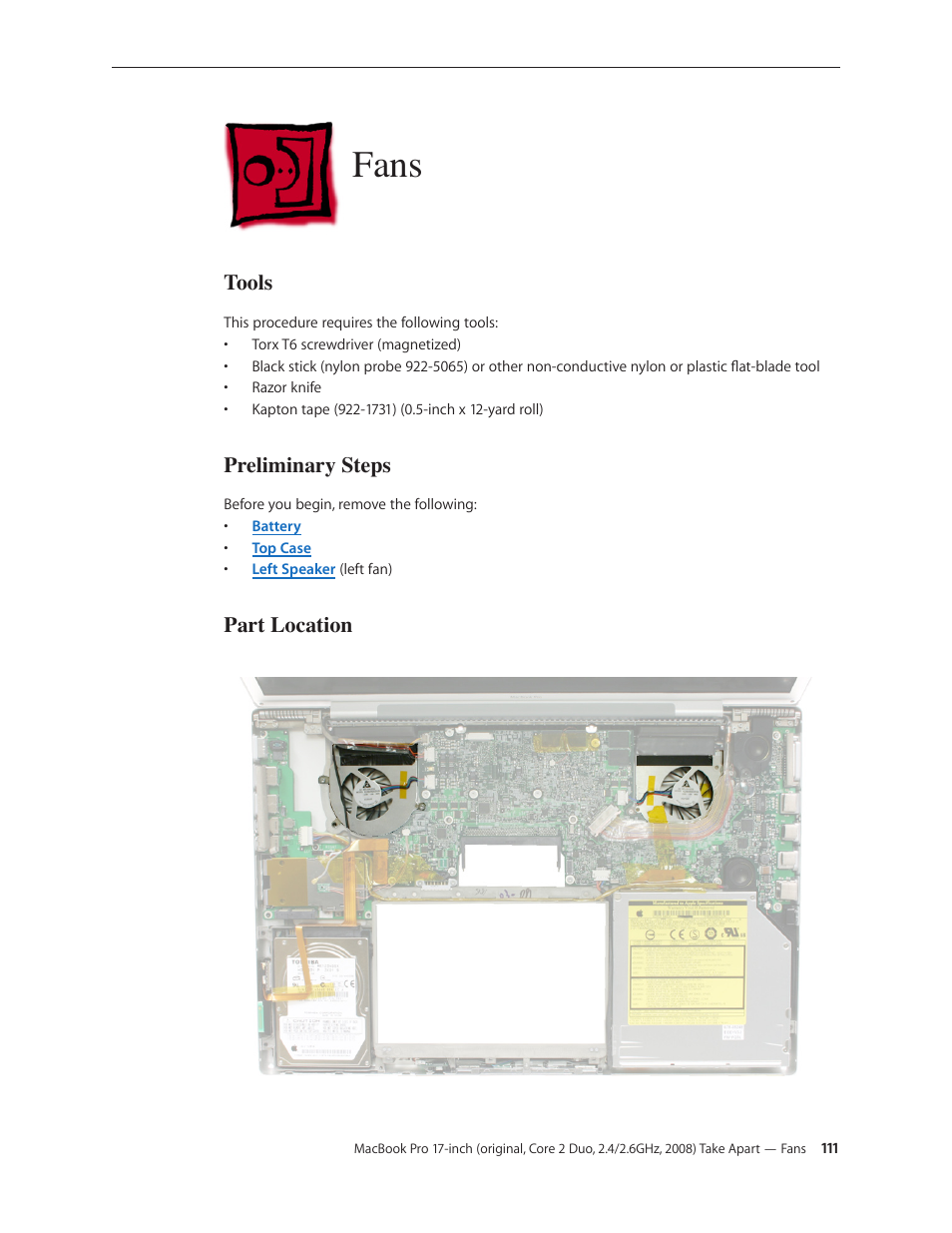 Fans, Fans 111, Tools | Preliminary steps, Part location | Apple MacBook Pro 17-inch (original, Core 2 Duo, 2.4GHz, Late 2007 CTO, Early 2008, and Late 2008) User Manual | Page 111 / 204