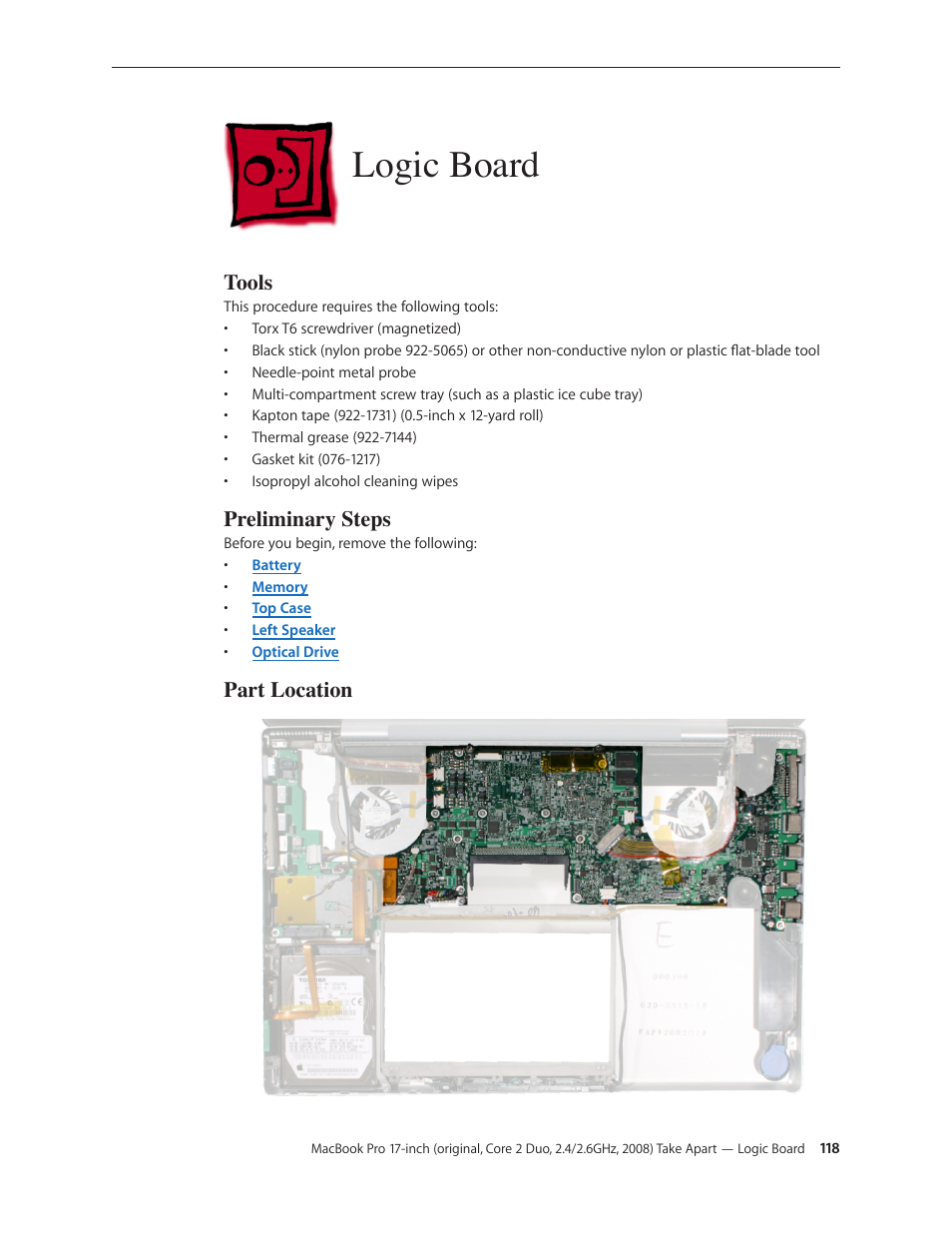 Logic board, Logic board 118, Tools | Preliminary steps, Part location | Apple MacBook Pro 17-inch (original, Core 2 Duo, 2.4GHz, Late 2007 CTO, Early 2008, and Late 2008) User Manual | Page 118 / 204