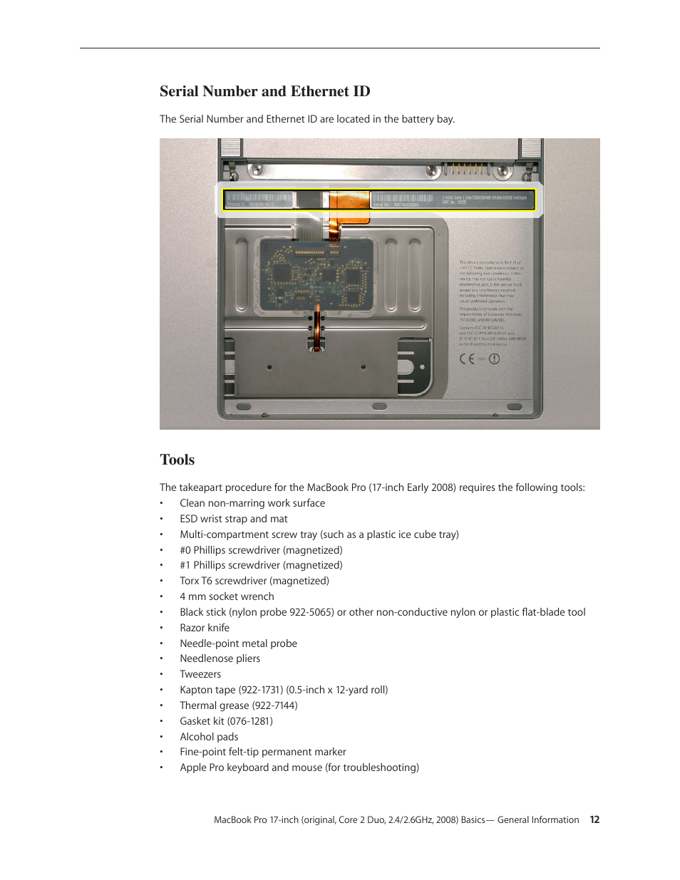 Serial number and ethernet id, Tools | Apple MacBook Pro 17-inch (original, Core 2 Duo, 2.4GHz, Late 2007 CTO, Early 2008, and Late 2008) User Manual | Page 12 / 204