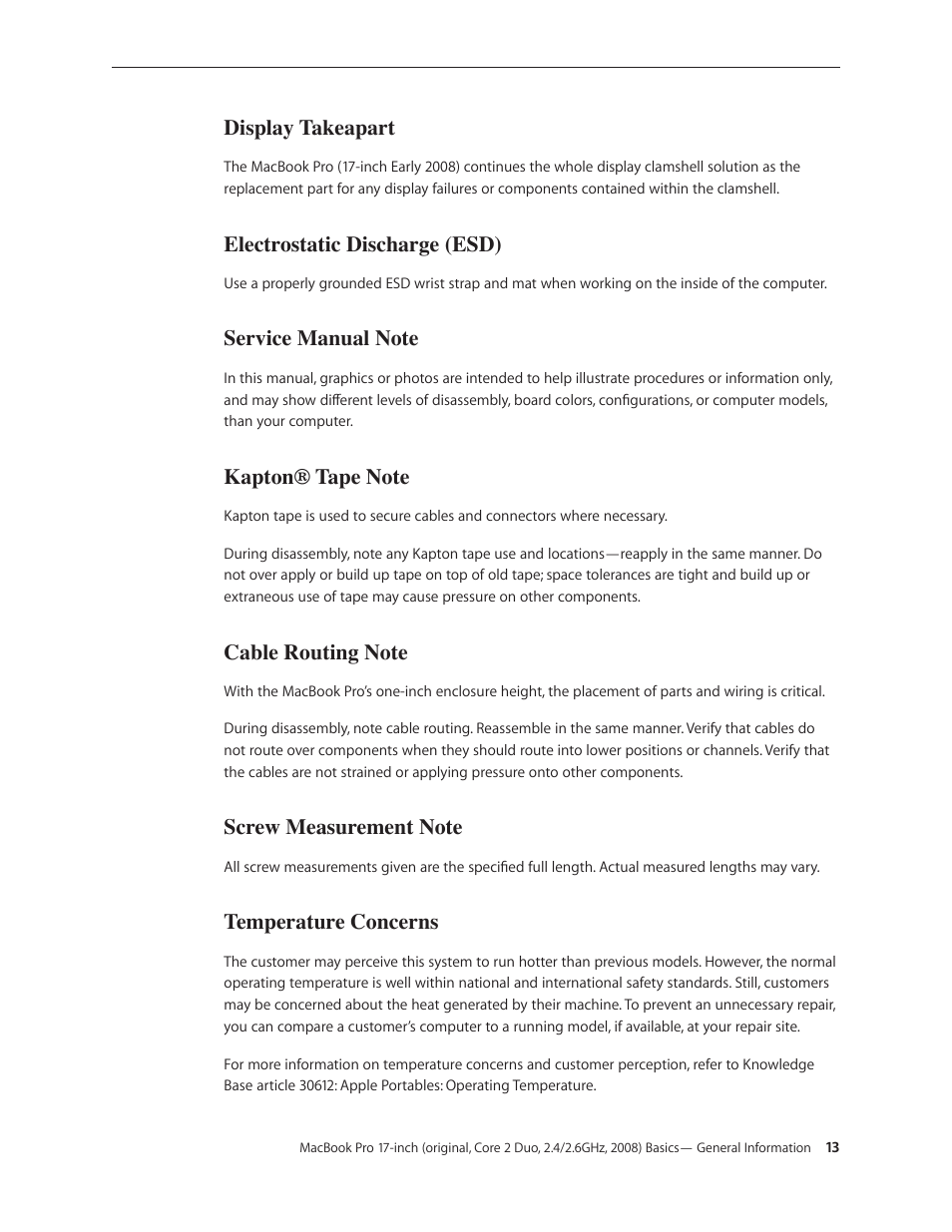 Display takeapart, Electrostatic discharge (esd), Temperature concerns | Apple MacBook Pro 17-inch (original, Core 2 Duo, 2.4GHz, Late 2007 CTO, Early 2008, and Late 2008) User Manual | Page 13 / 204