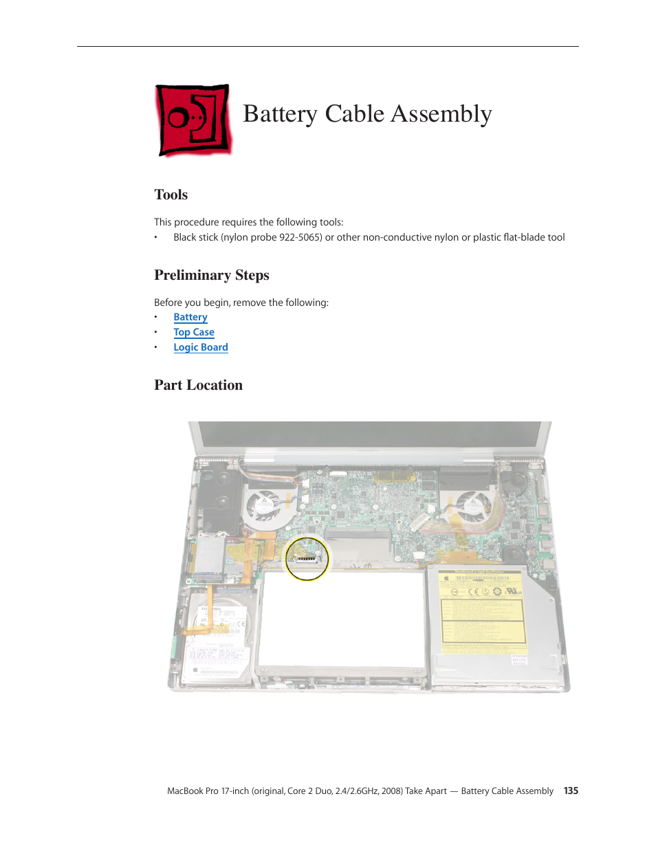 Battery cable assembly, Battery cable assembly 135, Tools | Preliminary steps, Part location | Apple MacBook Pro 17-inch (original, Core 2 Duo, 2.4GHz, Late 2007 CTO, Early 2008, and Late 2008) User Manual | Page 135 / 204
