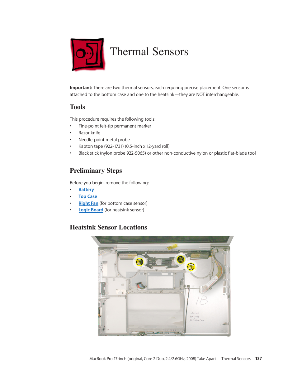 Thermal sensors, Thermal sensors 137, Tools | Preliminary steps, Heatsink sensor locations | Apple MacBook Pro 17-inch (original, Core 2 Duo, 2.4GHz, Late 2007 CTO, Early 2008, and Late 2008) User Manual | Page 137 / 204