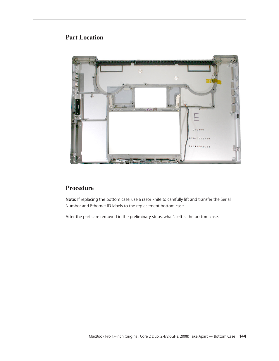 Part location procedure | Apple MacBook Pro 17-inch (original, Core 2 Duo, 2.4GHz, Late 2007 CTO, Early 2008, and Late 2008) User Manual | Page 144 / 204