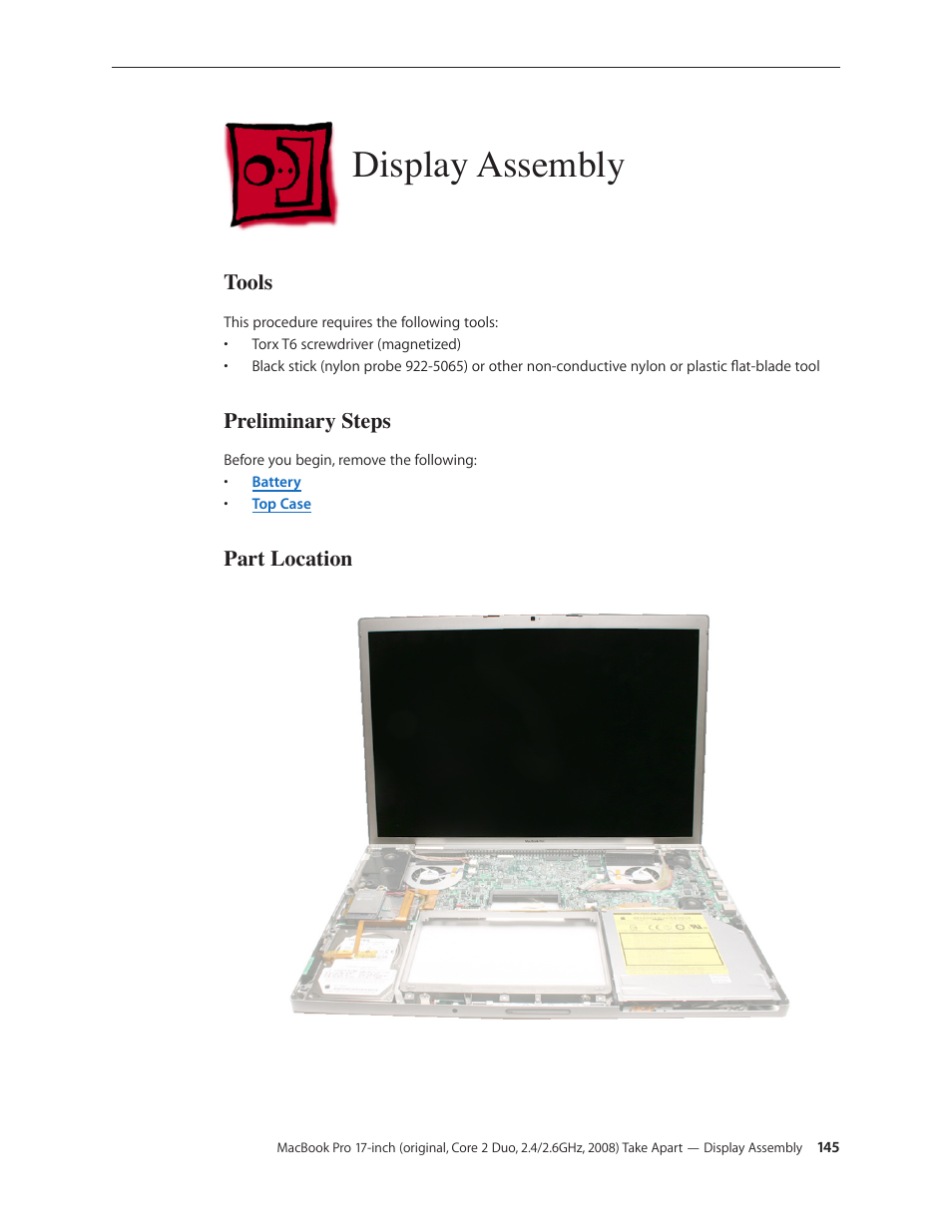 Display assembly, Display assembly 145, Tools | Preliminary steps, Part location | Apple MacBook Pro 17-inch (original, Core 2 Duo, 2.4GHz, Late 2007 CTO, Early 2008, and Late 2008) User Manual | Page 145 / 204