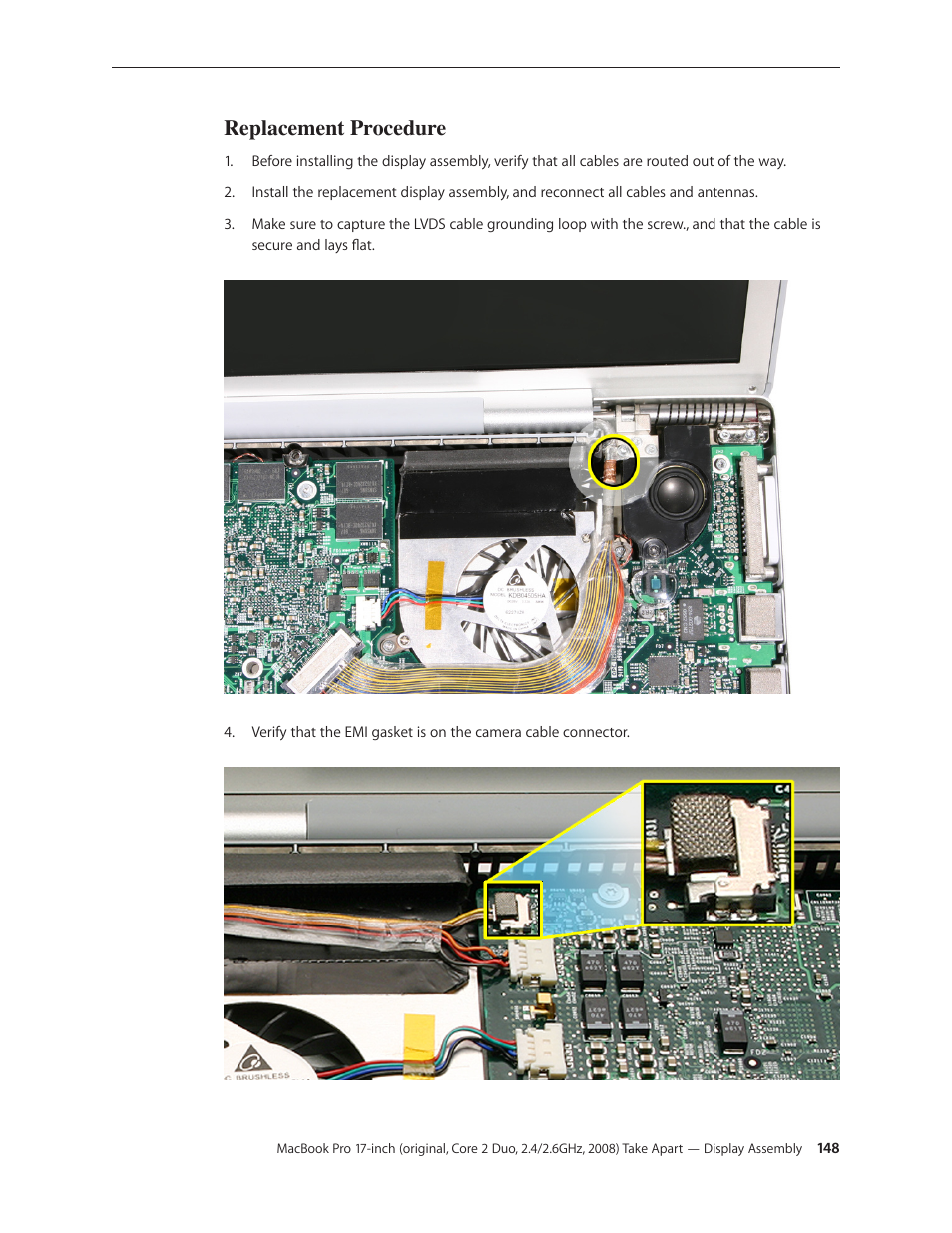 Replacement procedure, Replacement procedure 148 | Apple MacBook Pro 17-inch (original, Core 2 Duo, 2.4GHz, Late 2007 CTO, Early 2008, and Late 2008) User Manual | Page 148 / 204