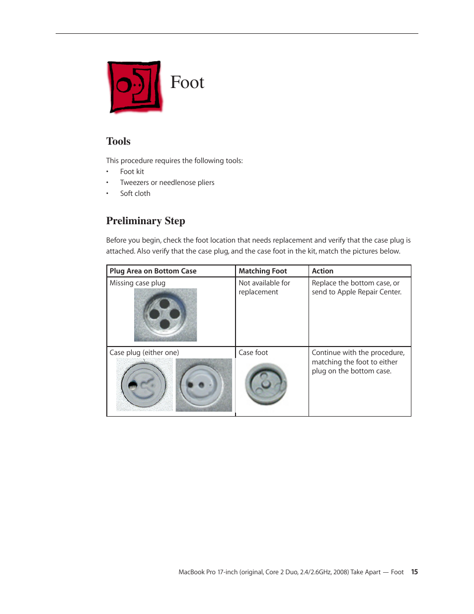 Foot, Foot 15, Tools | Preliminary step | Apple MacBook Pro 17-inch (original, Core 2 Duo, 2.4GHz, Late 2007 CTO, Early 2008, and Late 2008) User Manual | Page 15 / 204