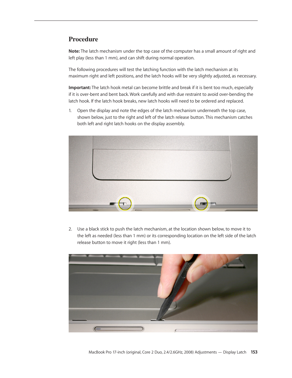 Procedure | Apple MacBook Pro 17-inch (original, Core 2 Duo, 2.4GHz, Late 2007 CTO, Early 2008, and Late 2008) User Manual | Page 153 / 204