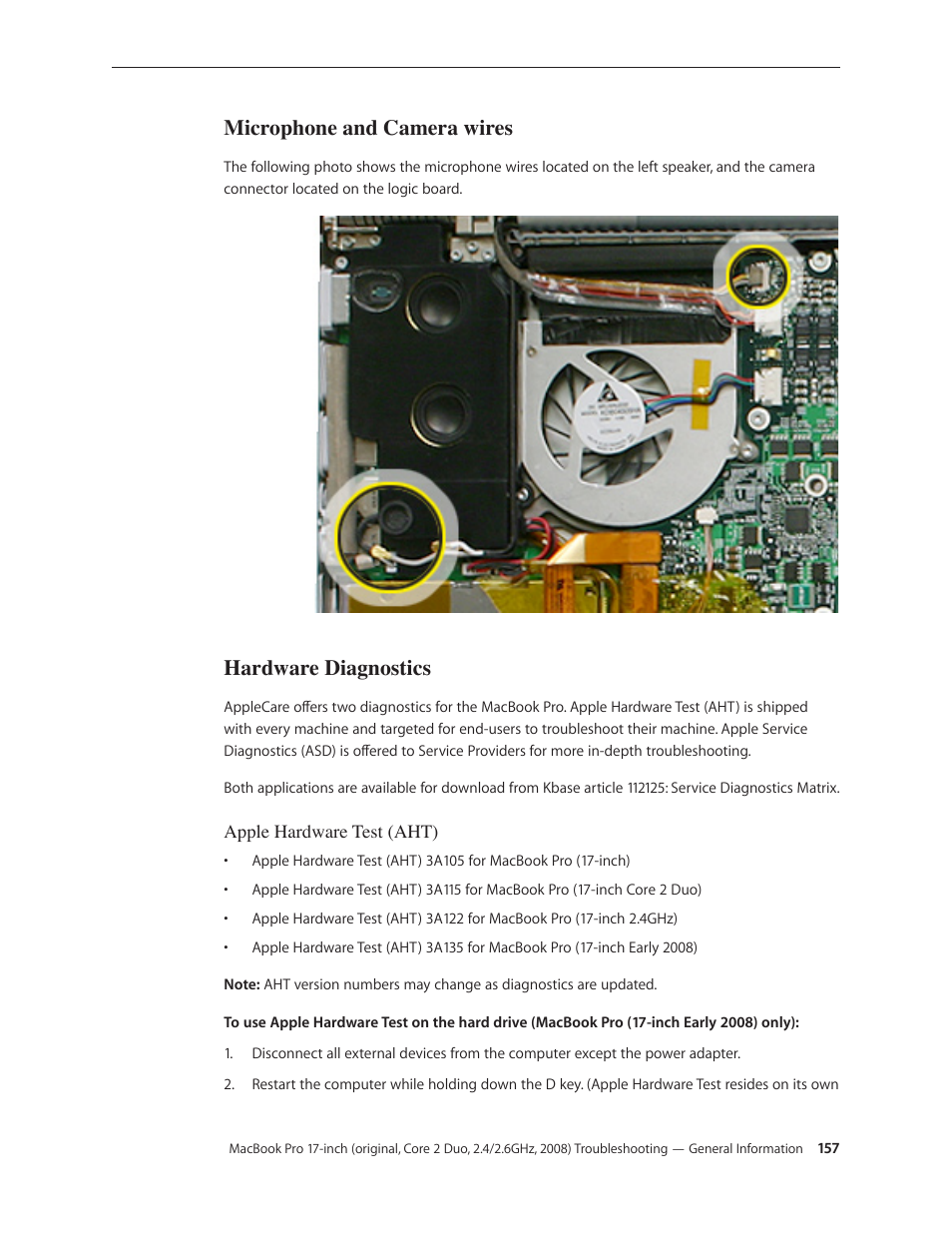 Microphone and camera wires, Hardware diagnostics | Apple MacBook Pro 17-inch (original, Core 2 Duo, 2.4GHz, Late 2007 CTO, Early 2008, and Late 2008) User Manual | Page 157 / 204