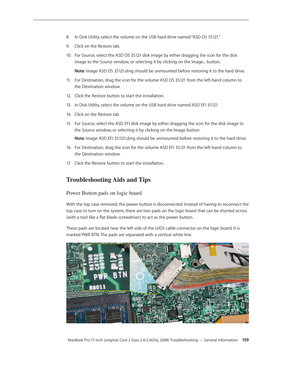 Troubleshooting aids and tips, Troubleshooting aids and tips 159 | Apple MacBook Pro 17-inch (original, Core 2 Duo, 2.4GHz, Late 2007 CTO, Early 2008, and Late 2008) User Manual | Page 159 / 204