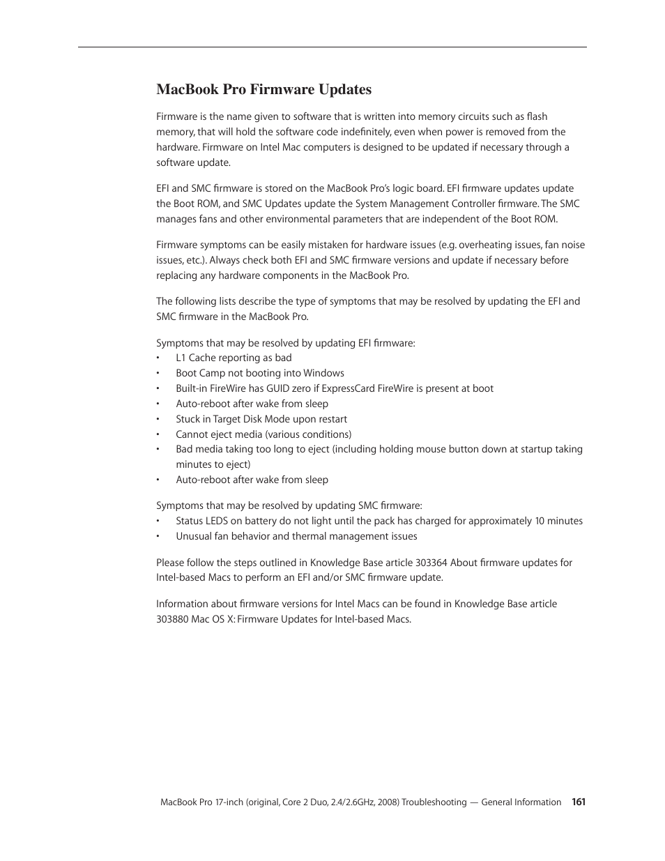 Macbook pro firmware updates, Macbook pro firmware updates 161 | Apple MacBook Pro 17-inch (original, Core 2 Duo, 2.4GHz, Late 2007 CTO, Early 2008, and Late 2008) User Manual | Page 161 / 204