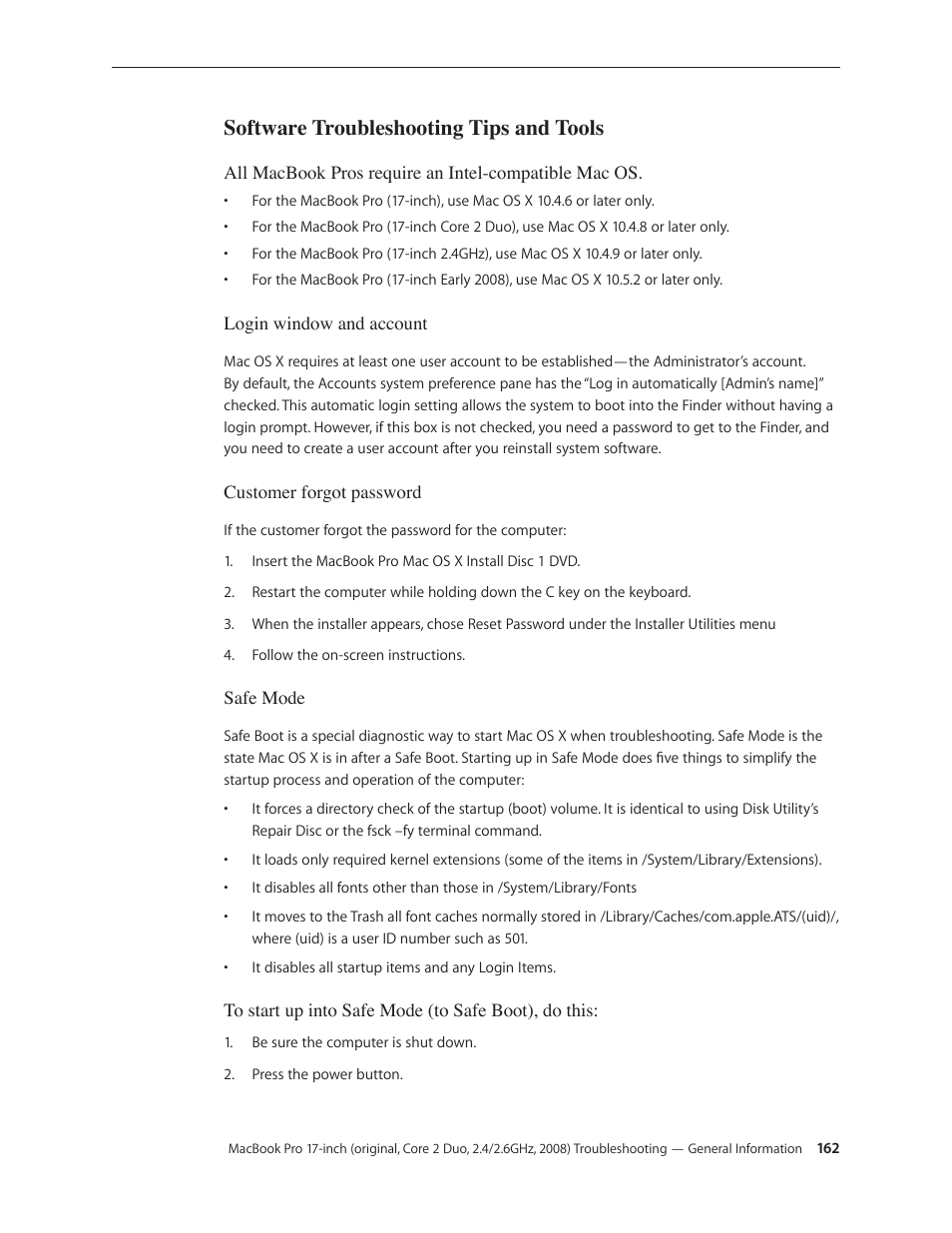 Software troubleshooting tips and tools, Software troubleshooting tips and tools 162 | Apple MacBook Pro 17-inch (original, Core 2 Duo, 2.4GHz, Late 2007 CTO, Early 2008, and Late 2008) User Manual | Page 162 / 204