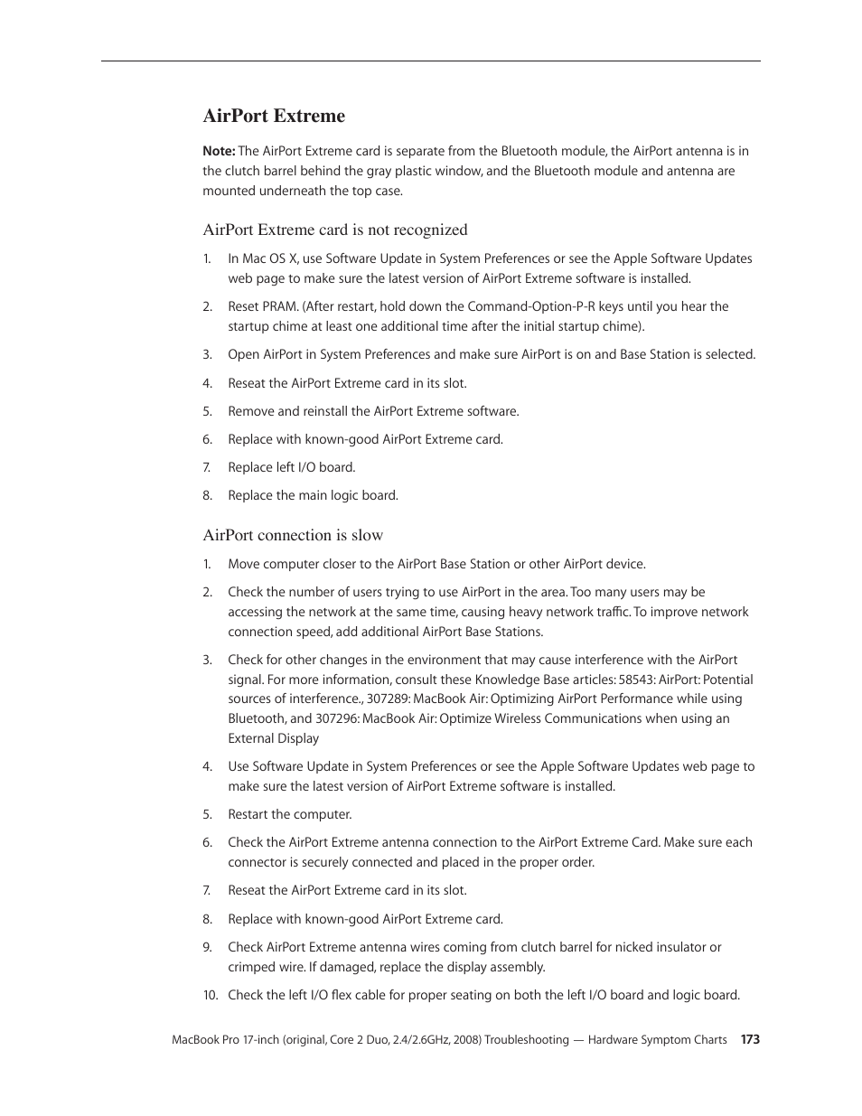 Airport extreme, Airport extreme 173 | Apple MacBook Pro 17-inch (original, Core 2 Duo, 2.4GHz, Late 2007 CTO, Early 2008, and Late 2008) User Manual | Page 173 / 204