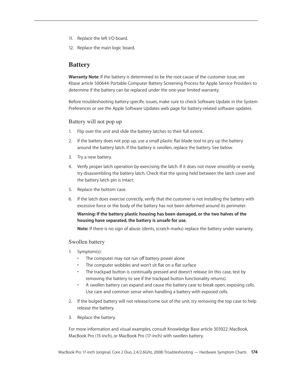 Battery, Battery 174 | Apple MacBook Pro 17-inch (original, Core 2 Duo, 2.4GHz, Late 2007 CTO, Early 2008, and Late 2008) User Manual | Page 174 / 204
