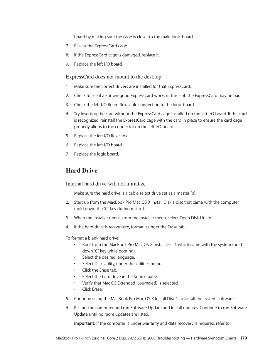 Hard drive, Hard drive 179 | Apple MacBook Pro 17-inch (original, Core 2 Duo, 2.4GHz, Late 2007 CTO, Early 2008, and Late 2008) User Manual | Page 179 / 204