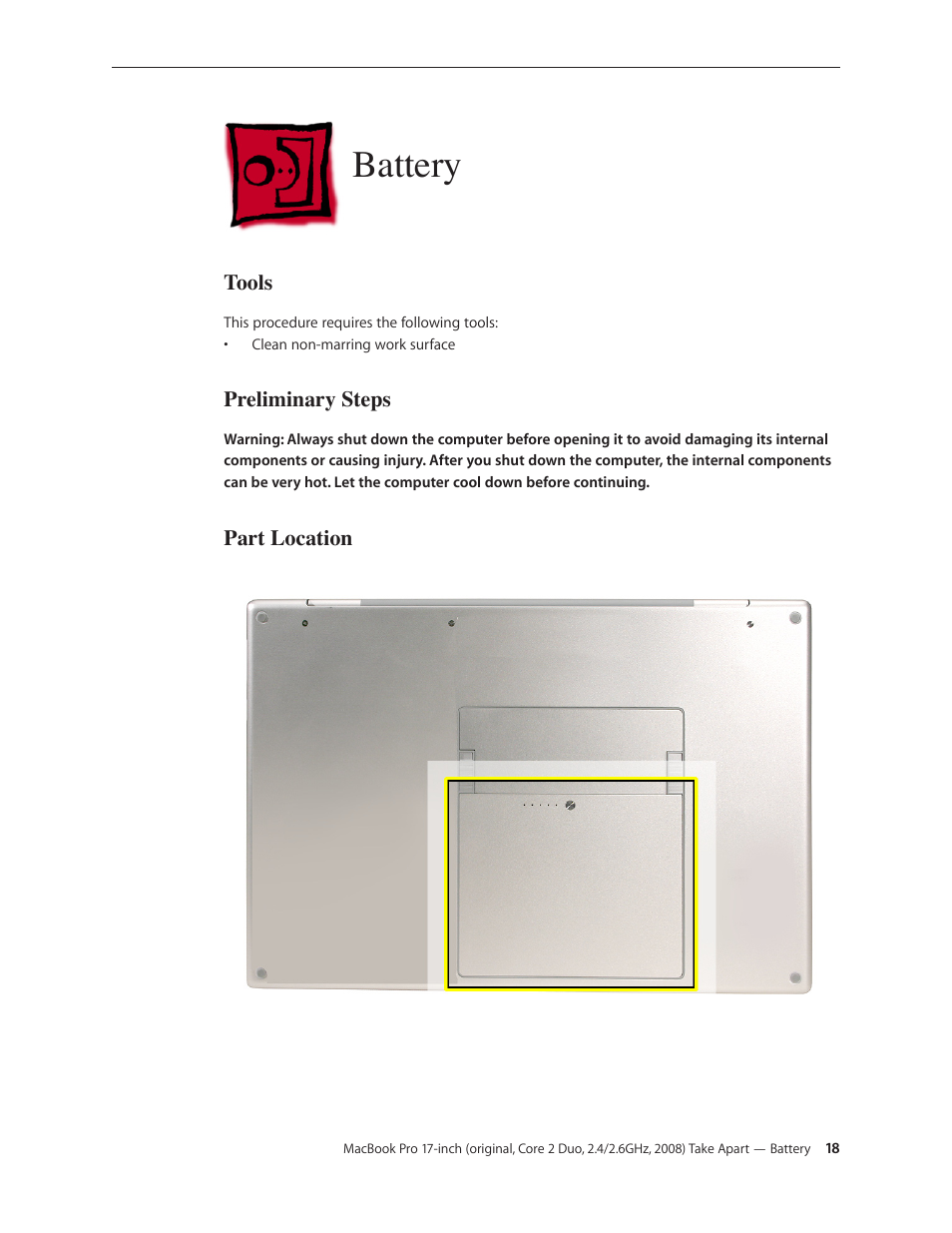 Battery, Battery 18 | Apple MacBook Pro 17-inch (original, Core 2 Duo, 2.4GHz, Late 2007 CTO, Early 2008, and Late 2008) User Manual | Page 18 / 204