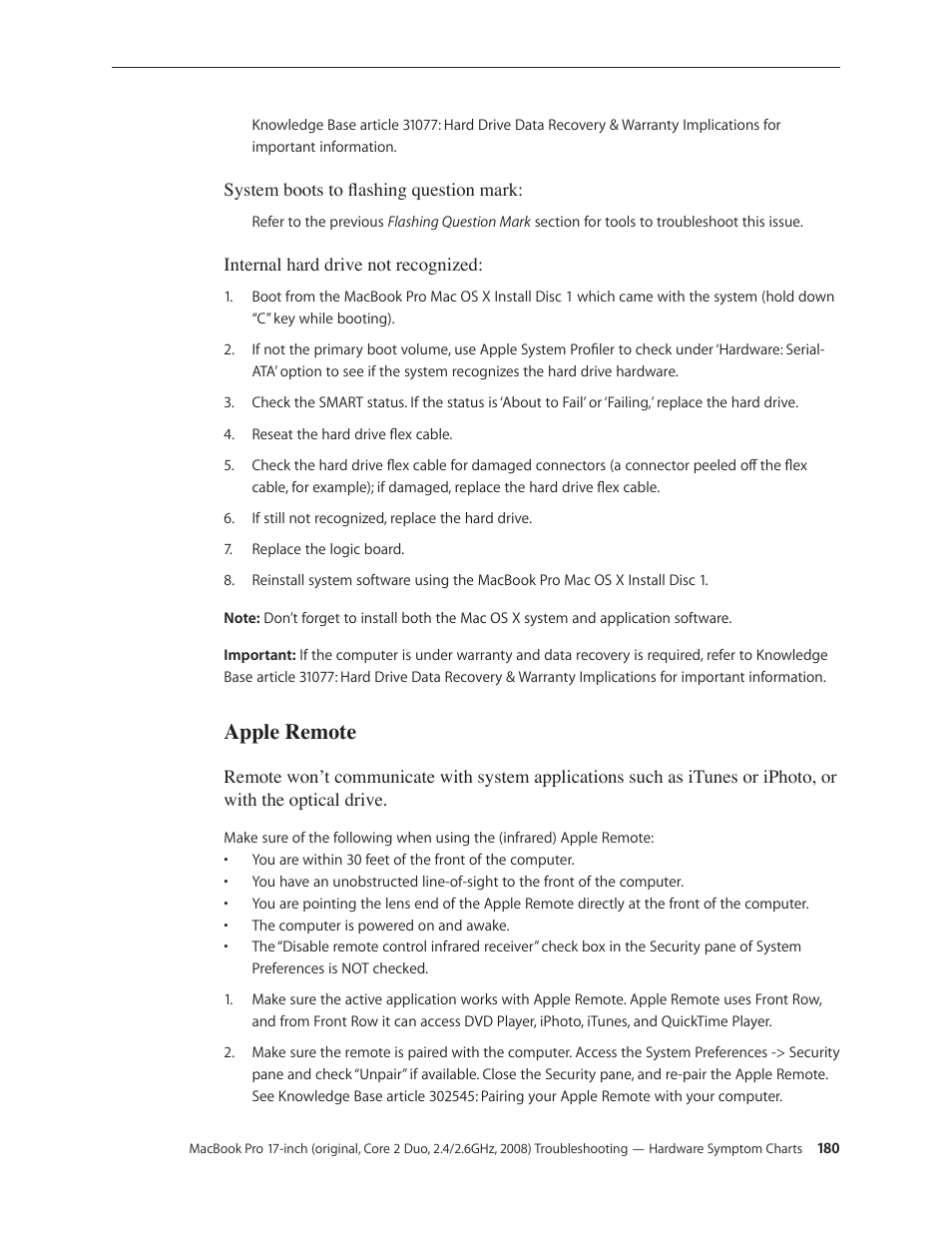 Apple remote, Apple remote 180 | Apple MacBook Pro 17-inch (original, Core 2 Duo, 2.4GHz, Late 2007 CTO, Early 2008, and Late 2008) User Manual | Page 180 / 204