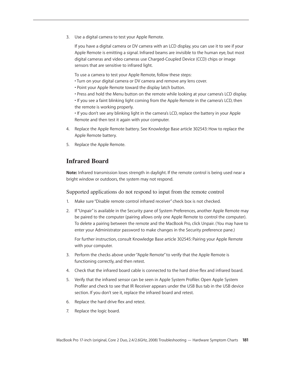 Infrared board, Infrared board 181 | Apple MacBook Pro 17-inch (original, Core 2 Duo, 2.4GHz, Late 2007 CTO, Early 2008, and Late 2008) User Manual | Page 181 / 204