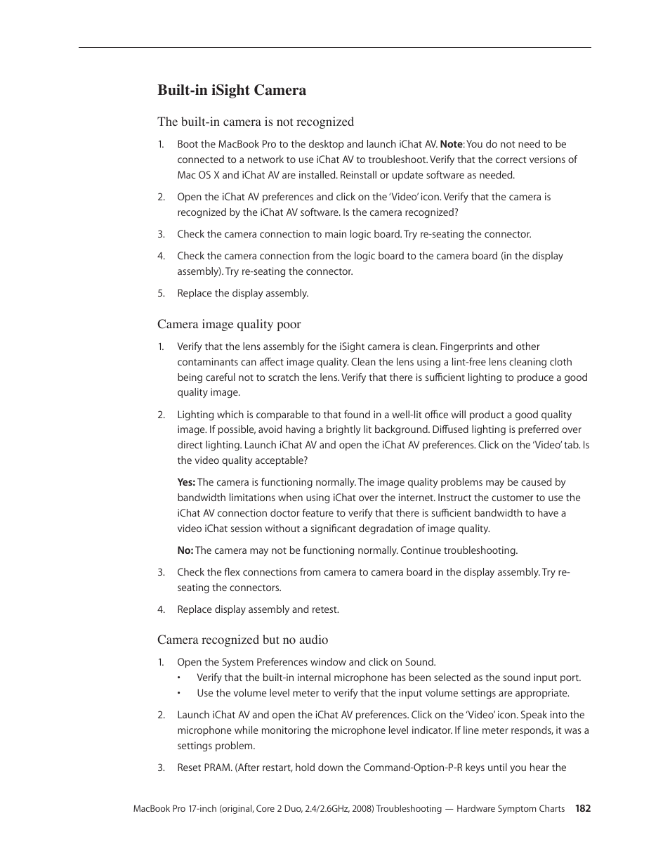 Built-in isight camera, Built-in isight camera 182 | Apple MacBook Pro 17-inch (original, Core 2 Duo, 2.4GHz, Late 2007 CTO, Early 2008, and Late 2008) User Manual | Page 182 / 204