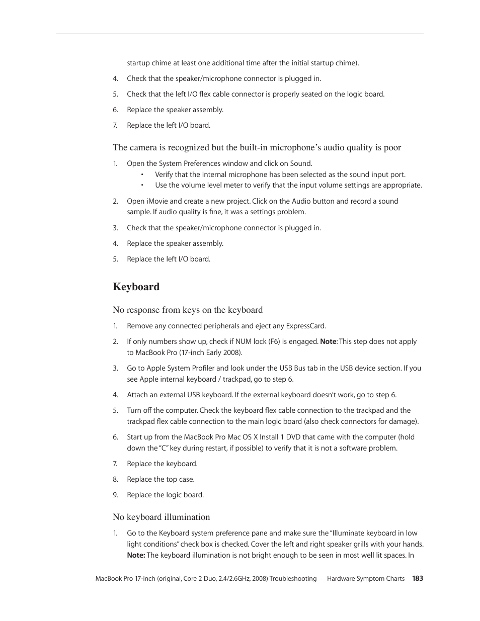 Keyboard, Keyboard 183 | Apple MacBook Pro 17-inch (original, Core 2 Duo, 2.4GHz, Late 2007 CTO, Early 2008, and Late 2008) User Manual | Page 183 / 204