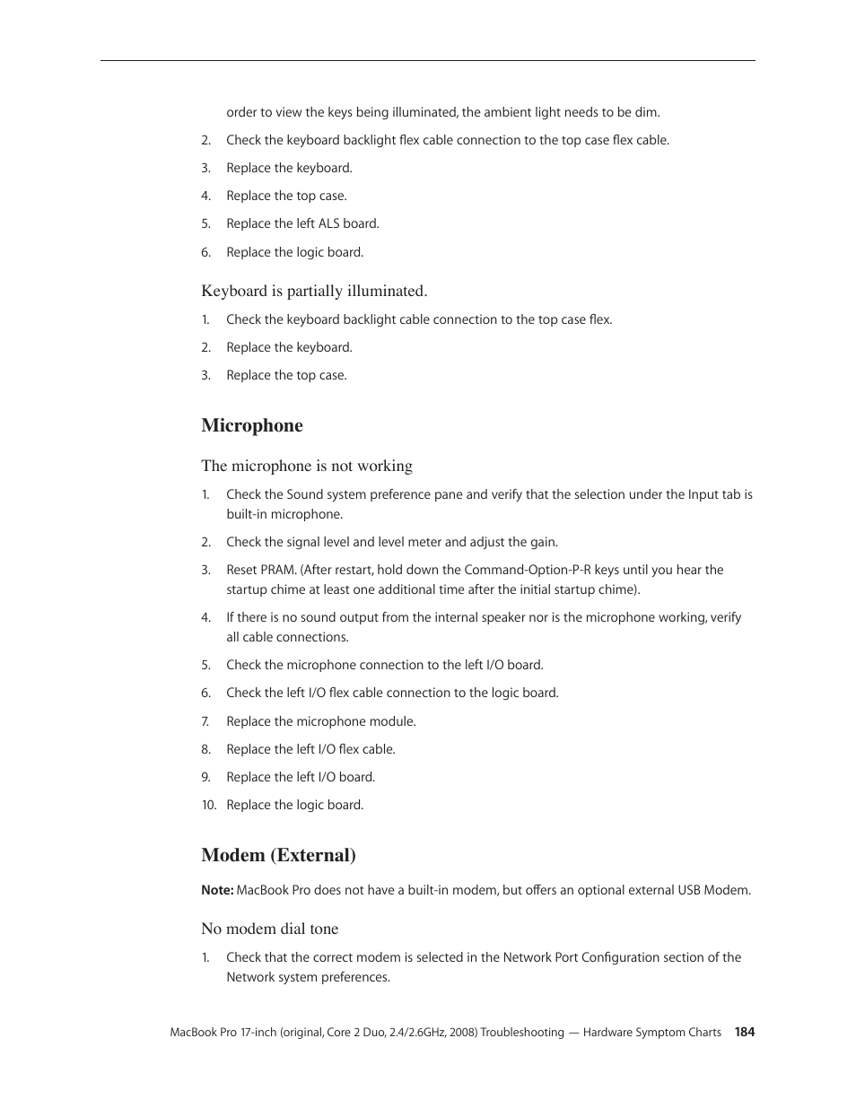 Microphone, Modem (external), Microphone 184 modem (external) 184 | Apple MacBook Pro 17-inch (original, Core 2 Duo, 2.4GHz, Late 2007 CTO, Early 2008, and Late 2008) User Manual | Page 184 / 204
