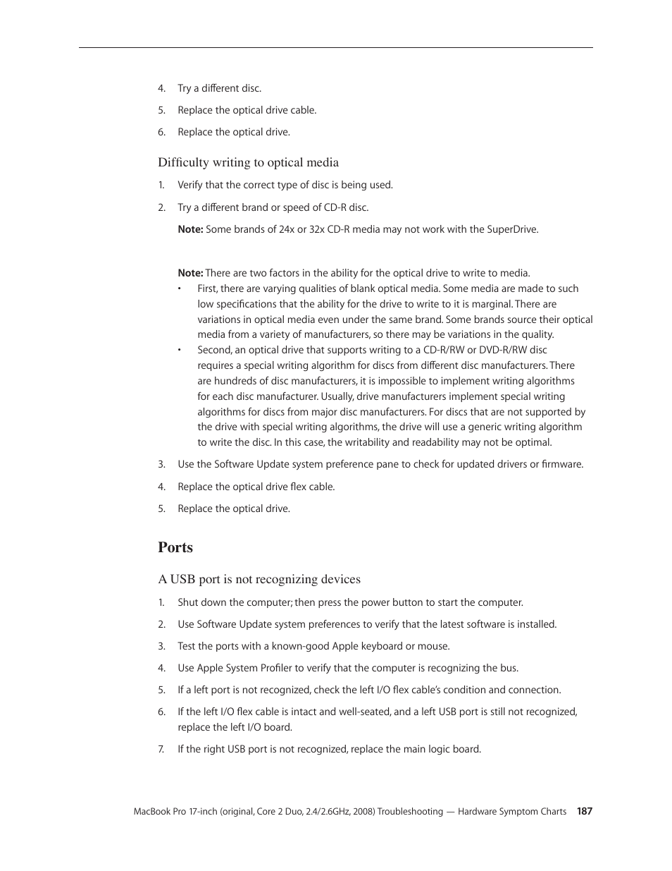 Ports, Ports 187 | Apple MacBook Pro 17-inch (original, Core 2 Duo, 2.4GHz, Late 2007 CTO, Early 2008, and Late 2008) User Manual | Page 187 / 204