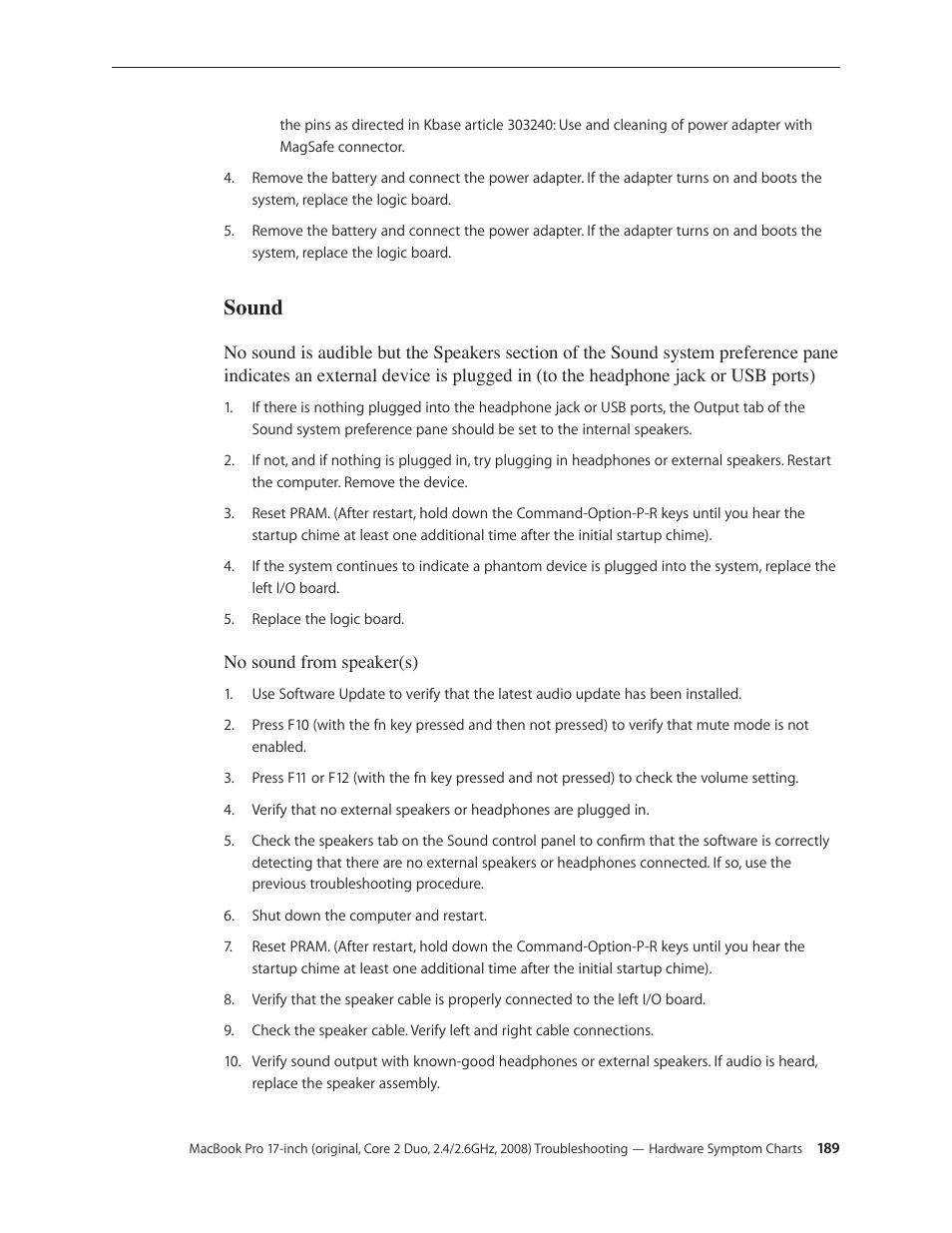Sound, Sound 189 | Apple MacBook Pro 17-inch (original, Core 2 Duo, 2.4GHz, Late 2007 CTO, Early 2008, and Late 2008) User Manual | Page 189 / 204