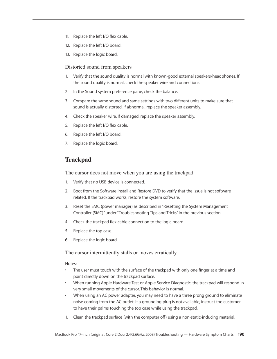 Trackpad, Trackpad 190 | Apple MacBook Pro 17-inch (original, Core 2 Duo, 2.4GHz, Late 2007 CTO, Early 2008, and Late 2008) User Manual | Page 190 / 204