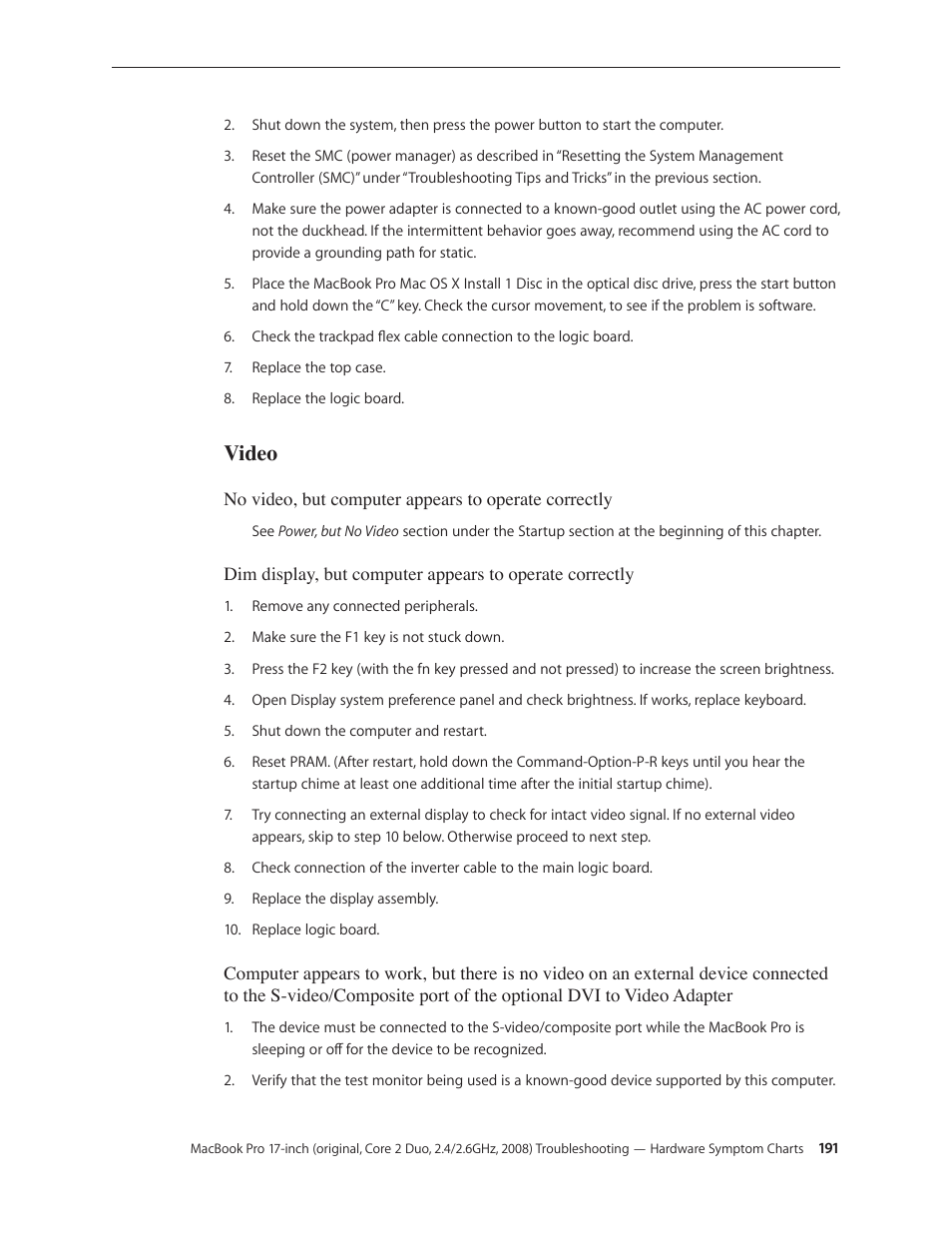 Video, Video 191 | Apple MacBook Pro 17-inch (original, Core 2 Duo, 2.4GHz, Late 2007 CTO, Early 2008, and Late 2008) User Manual | Page 191 / 204