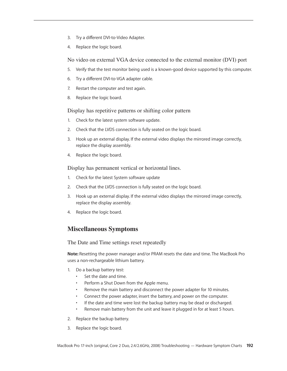 Miscellaneous symptoms, Miscellaneous symptoms 192 | Apple MacBook Pro 17-inch (original, Core 2 Duo, 2.4GHz, Late 2007 CTO, Early 2008, and Late 2008) User Manual | Page 192 / 204