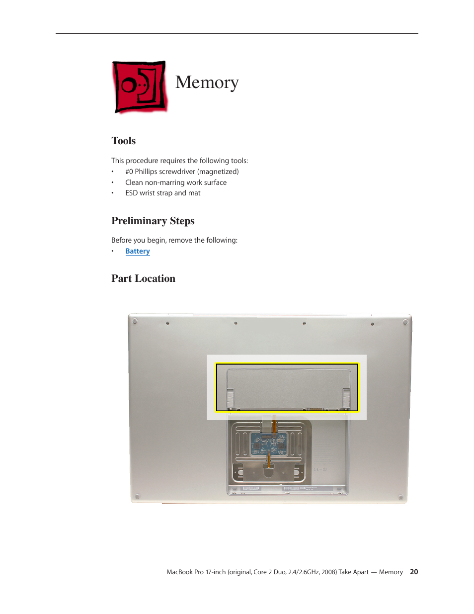 Memory, Memory 20, Tools | Preliminary steps, Part location | Apple MacBook Pro 17-inch (original, Core 2 Duo, 2.4GHz, Late 2007 CTO, Early 2008, and Late 2008) User Manual | Page 20 / 204