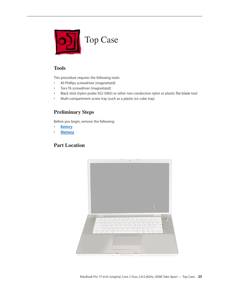 Top case, Top case 25, Tools | Preliminary steps, Part location | Apple MacBook Pro 17-inch (original, Core 2 Duo, 2.4GHz, Late 2007 CTO, Early 2008, and Late 2008) User Manual | Page 25 / 204