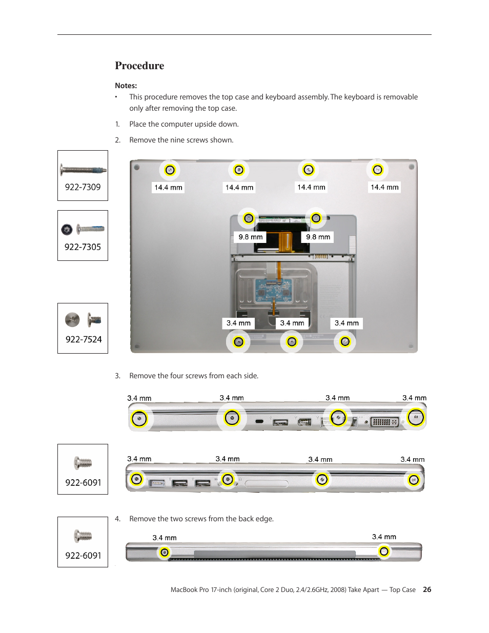 Procedure | Apple MacBook Pro 17-inch (original, Core 2 Duo, 2.4GHz, Late 2007 CTO, Early 2008, and Late 2008) User Manual | Page 26 / 204