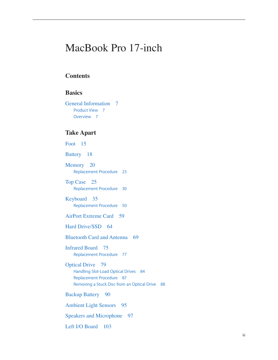 Apple MacBook Pro 17-inch (original, Core 2 Duo, 2.4GHz, Late 2007 CTO, Early 2008, and Late 2008) User Manual | Page 3 / 204