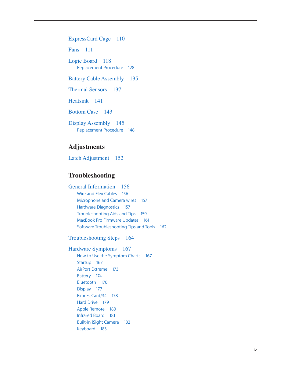 Adjustments, Troubleshooting | Apple MacBook Pro 17-inch (original, Core 2 Duo, 2.4GHz, Late 2007 CTO, Early 2008, and Late 2008) User Manual | Page 4 / 204