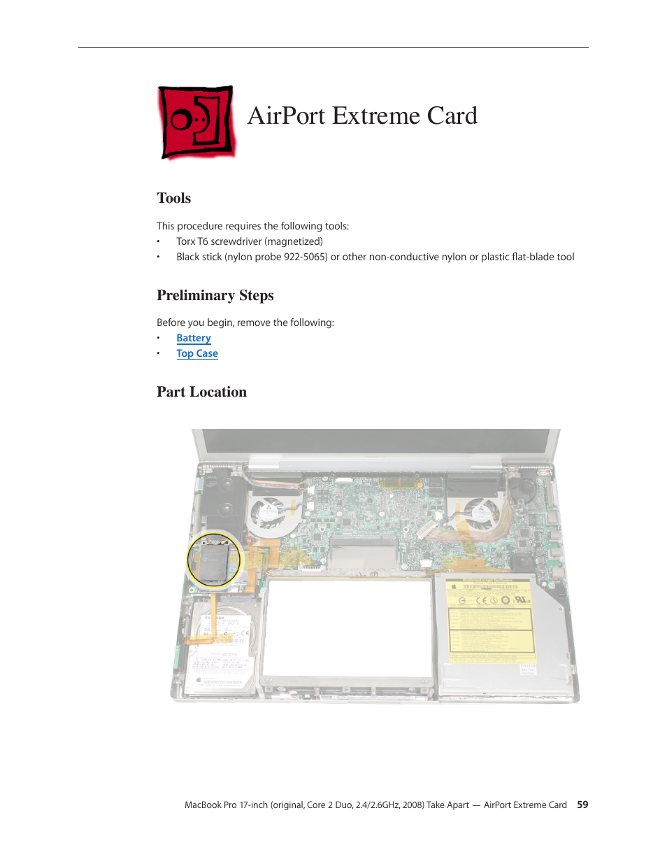 Airport extreme card, Airport extreme card 59, Tools | Preliminary steps, Part location | Apple MacBook Pro 17-inch (original, Core 2 Duo, 2.4GHz, Late 2007 CTO, Early 2008, and Late 2008) User Manual | Page 59 / 204