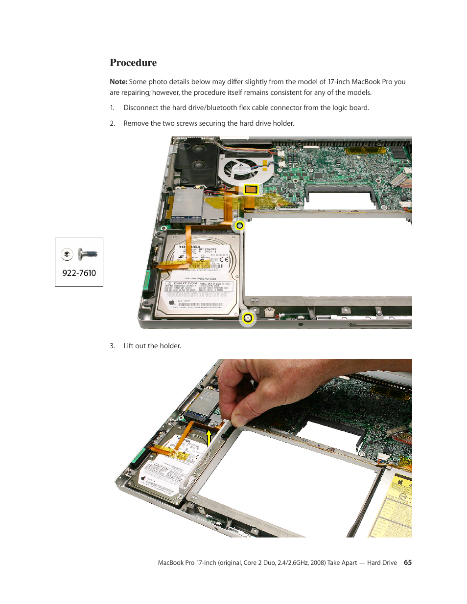 Procedure | Apple MacBook Pro 17-inch (original, Core 2 Duo, 2.4GHz, Late 2007 CTO, Early 2008, and Late 2008) User Manual | Page 65 / 204