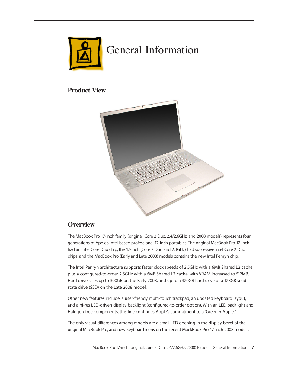 General information, Product view, Overview | General information 7, Product view 7 overview 7 | Apple MacBook Pro 17-inch (original, Core 2 Duo, 2.4GHz, Late 2007 CTO, Early 2008, and Late 2008) User Manual | Page 7 / 204