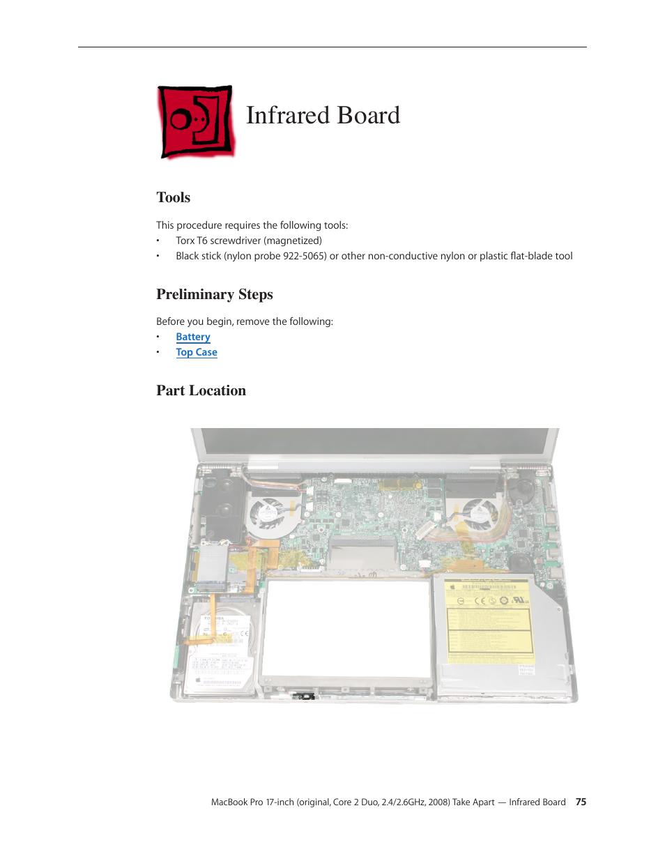 Infrared board, Infrared board 75, Tools | Preliminary steps, Part location | Apple MacBook Pro 17-inch (original, Core 2 Duo, 2.4GHz, Late 2007 CTO, Early 2008, and Late 2008) User Manual | Page 75 / 204